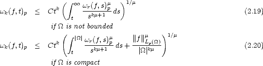                (i ntegral   oo      m   )1/m
wk(f,t)p  <  Ctk      wr(f,s)p-ds                               (2.19)
                  t   skm+1
             if _O_ is not bounded
               (i ntegral  |_O_|      m     ||f||m   )1/m
wk(f,t)p  <  Ctk      wr(f,s)pds + ---Lp(_O_)-                    (2.20)
                  t    skm+1        |_O_|km
             if _O_ is compact
