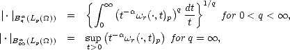                 {  integral   oo  (       )q dt} 1/q
|.|Baq(Lp(_O_)) =         t-awr(.,t)p   t-    for 0 < q <  oo ,
                  0( -a      )
|.|Ba oo (Lp(_O_)) =  stu>p0 t  wr(.,t)p  for q =  oo ,
