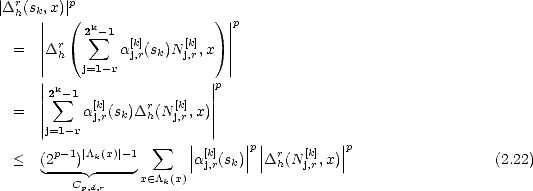 |Drh(sk,x)| p
     ||   ( 2k-1            ) ||p
  =  ||Dr     sum  a[k](sk)N [k],x  ||
     ||  h  j=1-r  j,r    j,r    ||
     || k                   ||p
     ||2 sum -1 [k]     r  [k]  ||
  =  ||     aj,r(sk)D h(Nj,r,x)||
      j=1-r             |      | |         |
  <  (2p-1)|/\k(x)|-1  sum    ||a[k](sk)||p||Dr(N [k],x)||p                 (2.22)
      ----- ----- x (- /\k(x) j,r       h  j,r
         Cp,d,r
