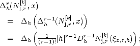 Drh(N [kj,]r,x)
        (  r-1  [k]   )
  =  Dh  D h  (N j,r,x)
  =  D  (--1--|h| r-1Dr- 1N [k](q   ));
       h (r-1)!       h   j,r x,r,h
     