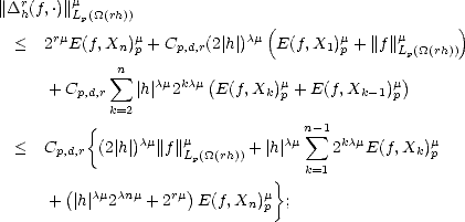 ||Drh(f,.)||mL (_O_(rh))
         p                    (                     )
  <  2rmE(f,Xn)mp + Cp,d,r(2| h |)cm E(f,X1)mp + ||f||mLp(_O_(rh))
             sum n        (                     )
     + Cp,d,r   |h|cm2kcm E(f,Xk)mp + E(f,Xk -1)mp
            k=2
          {                       n sum - 1
  <  Cp,d,r (2| h|)cm||f||mLp(_O_(rh)) + |h| cm   2kcmE(f,Xk)mp
                                  k=1
       (  cm cnm   rm)        m}
     +  |h | 2   + 2   E(f,Xn) p ;
