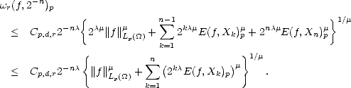      -n
wr(f,2  )p
          - nc{ cm   m      n- sum  1 kcm        m   ncm       m } 1/m
 <   Cp,d,r2    2  ||f||Lp(_O_) +    2  E(f, Xk)p + 2  E(f,Xn)p
              {             k=1            }
                   m      sum n (          )m  1/m
 <   Cp,d,r2- nc ||f ||Lp(_O_) +    2kcE(f,Xk)p      .
                         k=1
