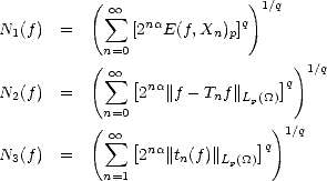           (  oo  sum               )1/q
N1(f)  =       [2naE(f,Xn)p]q
            n=0
          (  oo  sum  [               ] )1/q
N2(f)  =        2na||f- Tnf||Lp(_O_)q
            n=0
          (  oo  sum                  )1/q
N3(f)  =       [2na||tn(f)||Lp(_O_)]q
            n=1
