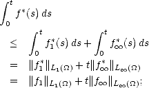  integral  t
   f*(s) ds
 0    integral  t         integral  t
  <     f*(s)ds+    f* (s)ds
      0  1        0   oo 
  =  ||f*1||L1(_O_) + t|| f* oo  ||L oo (_O_)
  =  ||f ||     +t||f  ||    ;
       1 L1(_O_)      oo  L oo (_O_)
