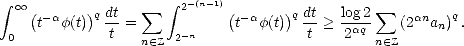  integral   oo  (    )  dt   sum   integral  2-(n-1)(     ) dt   log2 sum 
     t-af(t)q --=             t-af(t) q-- > -aq-   (2anan)q.
 0            t   n (- Z 2-n             t    2  n (- Z  
