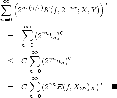  sum  oo  (                   )q
    2nr(g/r)K(f,2-nr;X,Y )
n=0
      sum  oo       q
  =      (2gnbn)
     n=0
        sum  oo  gn   q
  <  C    (2  an)
       n= oo 0
  =  C  sum  (2gnE(f,X n)  )q  [#]
       n=0          2 X
