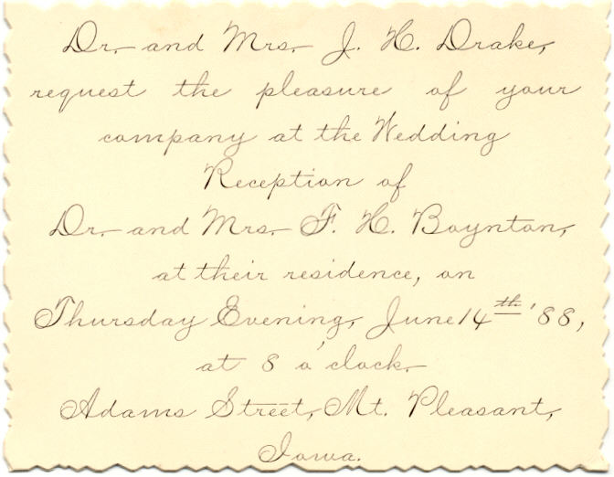 The wedding reception invitation of Dr Frank Boynton and Fannie Hunter from
