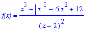 `f(x)` = (x^3+abs(x)^3-6*x^2+12)/(x+2)^2