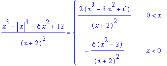 (x^3+abs(x)^3-6*x^2+12)/(x+2)^2 = PIECEWISE([2*(x^3-3*x^2+6)/(x+2)^2, 0 < x],[-6*(x^2-2)/(x+2)^2, x < 0])