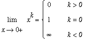 limit(x^k,x = 0,right) = PIECEWISE([0, `k > 0`],[1, `k = 0`],[infinity, `k < 0`])