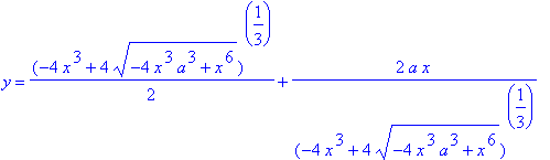 y = 1/2*(-4*x^3+4*(-4*x^3*a^3+x^6)^(1/2))^(1/3)+2*a*x/(-4*x^3+4*(-4*x^3*a^3+x^6)^(1/2))^(1/3)
