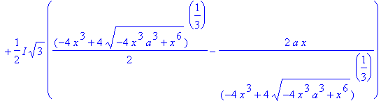 y = -1/4*(-4*x^3+4*(-4*x^3*a^3+x^6)^(1/2))^(1/3)-a*x/(-4*x^3+4*(-4*x^3*a^3+x^6)^(1/2))^(1/3)+1/2*I*3^(1/2)*(1/2*(-4*x^3+4*(-4*x^3*a^3+x^6)^(1/2))^(1/3)-2*a*x/(-4*x^3+4*(-4*x^3*a^3+x^6)^(1/2))^(1/3))