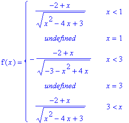 `f'`(x) = PIECEWISE([(-2+x)/(x^2-4*x+3)^(1/2), x < 1],[undefined, x = 1],[-(-2+x)/(-3-x^2+4*x)^(1/2), x < 3],[undefined, x = 3],[(-2+x)/(x^2-4*x+3)^(1/2), 3 < x])