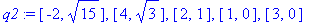 q2 := [-2, 15^(1/2)], [4, 3^(1/2)], [2, 1], [1, 0], [3, 0]