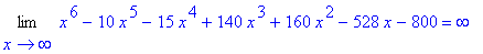 Limit(x^6-10*x^5-15*x^4+140*x^3+160*x^2-528*x-800,x = infinity) = infinity