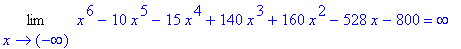 Limit(x^6-10*x^5-15*x^4+140*x^3+160*x^2-528*x-800,x = -infinity) = infinity