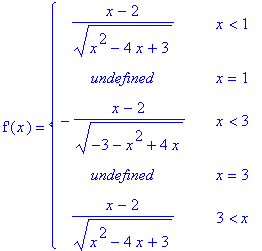 `f'`(x) = PIECEWISE([(x-2)/(x^2-4*x+3)^(1/2), x < 1],[undefined, x = 1],[-(x-2)/(-3-x^2+4*x)^(1/2), x < 3],[undefined, x = 3],[(x-2)/(x^2-4*x+3)^(1/2), 3 < x])
