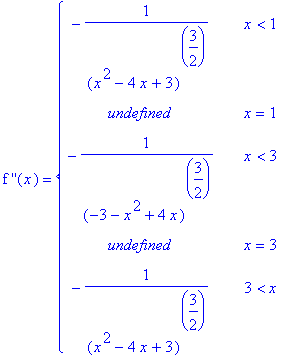 `f ''`(x) = PIECEWISE([-1/((x^2-4*x+3)^(3/2)), x < 1],[undefined, x = 1],[-1/((-3-x^2+4*x)^(3/2)), x < 3],[undefined, x = 3],[-1/((x^2-4*x+3)^(3/2)), 3 < x])