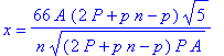 x = 66*A/n*(2*P+p*n-p)*5^(1/2)/((2*P+p*n-p)*P*A)^(1/2)