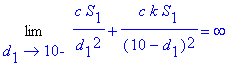 Limit(c*S[1]/d[1]^2+c*k*S[1]/(10-d[1])^2,d[1] = 10,left) = infinity