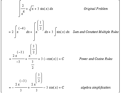 MATRIX([[Int(2/(x^4)+sqrt(x)+3*sin(x),x), `Original Problem`], [`      ` = 2*Int(x^(-4),x)+Int(x^(1/2),x)+3*Int(sin(x),x), `Sum and Constant Multiple Rules`], [`` = 2*x^(-3)/(-3)+x^(3/2)/(3/2)+3*(-cos(...