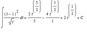 Int((t-1)^2/sqrt(t),t) = 2/5*t^(5/2)-4/3*t^(3/2)+2*t^(1/2)+C