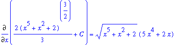 Diff(2/3*(x^5+x^2+2)^(3/2)+C,x) = (x^5+x^2+2)^(1/2)*(5*x^4+2*x)