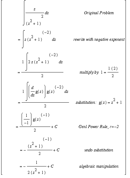 MATRIX([[Int(z/((z^2+1)^2),z), `Original Problem`], [`` = Int(z*(z^2+1)^(-2),z), `rewrite with negative exponent`], [`       ` = 1/2*Int(2*z*(z^2+1)^(-2),z), `multiply by `*1 = 1/2*2], [`            ` ...