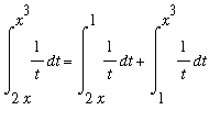 Int(1/t,t = 2*x .. x^3) = Int(1/t,t = 2*x .. 1)+Int(1/t,t = 1 .. x^3)