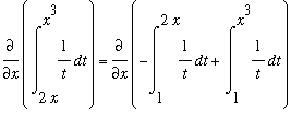 Diff(Int(1/t,t = 2*x .. x^3),x) = Diff(-Int(1/t,t = 1 .. 2*x)+Int(1/t,t = 1 .. x^3),x)
