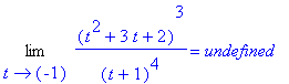 Limit((t^2+3*t+2)^3/(t+1)^4,t = -1) = undefined
